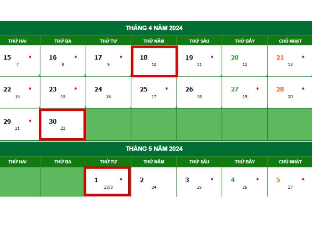 Lịch nghỉ lễ 30/4 và 1/5  năm 2024